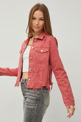 RISEN Raw Hem Button-Up Cropped Denim Jacket – Trendy & Versatile Style