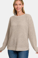 Zenana High Low Waffle Knit Sweater - Cozy Long Sleeve Fashion