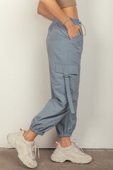 VERY J Y2K Elastic Waist Cargo Pants with Utility Pockets - 100% Nylon