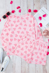Women's Heart Print Long Sleeve Lounge Set - Cozy Two-Piece Top & Shorts