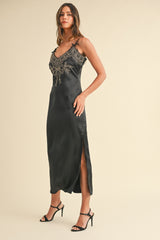 Elegant Mable Embroidered Satin Midi Slit Dress for Special Occasions