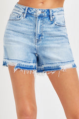 RISEN High Rise Distressed Hem Women's Denim Shorts - Edgy Summer Style