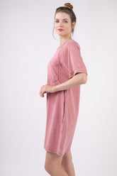 VERY J Washed Cotton Round Neck Mini Tee Dress with Pocket