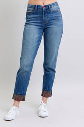 Judy Blue Full Size Plaid Cuff Mid Waist Straight Leg Jeans with Pockets - Versatile Denim