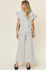 Women's Ruffle Short Sleeve Top & Drawstring Wide Leg Pants Set - Perfect for Effortless Style