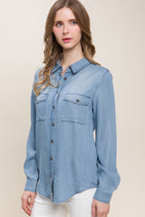 Stylish Scooped Hem Button Up Denim Shirt by Love Tree