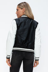 Vintage-Style PU Leather Bomber Jacket - Snap Down Contrast, NK Wears