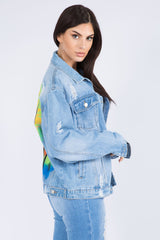 American Bazi Full Size Painted Back Distressed Denim Jacket - Edgy & Artistic