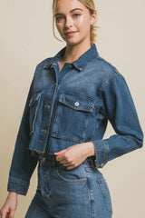 Love Tree Women's Raw Hem Cropped Denim Jacket - Trendy Button-Up Style