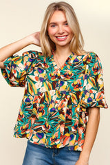 Haptics Full Size Frill Floral Puff Sleeve Peplum Blouse - Elegant & Romantic Women's Top