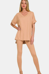 Zenana Full Size V-Neck Rolled Sleeve T-Shirt & Leggings Lounge Set - Comfort & Style