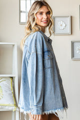 Trendy Button Down Smiley Face Raw Hem Denim Jacket - First Love
