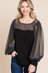 Super Lady Metallic Mesh Lantern Sleeve Blouse - Elegant Full Size Fit for Every Occasion