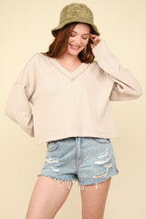 VERY J Women's Exposed Seam V-Neck Ribbed Knit Top - Perfect for Autumn Fashion