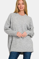 Zenana Cozy High-Low Hem Drop Shoulder Sweater with Pockets