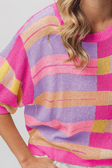 BiBi Vibrant Multi-Color Striped Knit Top - Versatile Round Neck Fashion