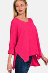 Zenana V-Neck High-Low Jacquard Knit Top - Stylish & Comfortable Women's Knitwear