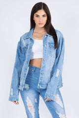 American Bazi Full Size Painted Back Distressed Denim Jacket - Edgy & Artistic