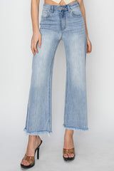 RISEN High Rise Cropped Wide Leg Jeans with Frayed Hem - Trendy & Comfortable Denim