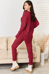 Trendy Ribbed Two-Piece Notched Long Sleeve Top and Pants Set