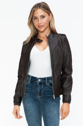Women's PU Leather Biker Jacket with Edgy Side Zip Pockets - Fashion Forward Style