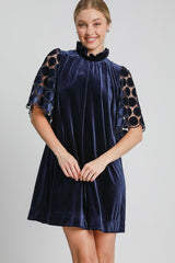 Umgee Velvet Dress with Dotted Lace Half Sleeves and Back Tie