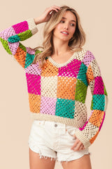 BiBi Multicolor Checkered Long Sleeve Knit Top - Trendy Open Knit Scoop Neck