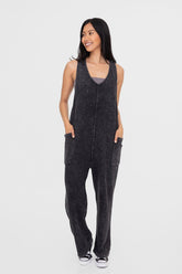 Mono B Women's Vintage V-Neck Cotton Overalls with Pockets - Mineral Washed