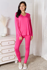 Ultimate Comfort V-Neck Lounge Set: Soft Rayon Long Sleeve Top & Pants