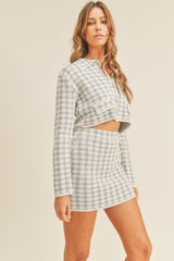 Chic Houndstooth Cropped Knit Cardigan & Mini Skirt Set - MABLE