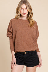 BOMBOM Drop Shoulder Long Sleeve Soft Rib Knit Top - Trendy & Comfortable