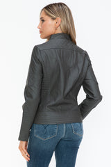 Chic Faux Leather Zip-Up Mock Neck Jacket for Versatile Style