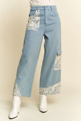 Davi & Dani Women's Lace Applique Wide Leg Jeans - Trendy Cotton Denim