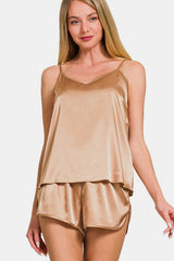 Luxurious Zenana V-Neck Satin Cami & Elastic Waist Shorts Lounge Set