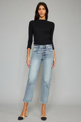Kancan Women's High Waist Button Fly Jeans - Vintage Raw Hem Cropped Straight