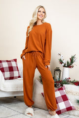 Super Lady Full Size Fuzzy Hacci Lounge Set - Cozy Round Neck Top & Pants