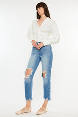 Kancan Distressed Frayed Hem Cropped Jeans - Trendy Women's Denim