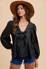 Trendy Tie Front Peplum Denim Top - Long Sleeve Fashion Blouse
