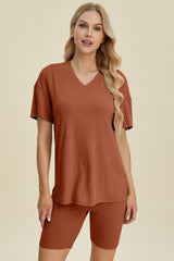 Trendy Ribbed V-Neck Short Sleeve Top & Shorts Set - Comfortable Two-Piece Outfit