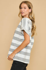 Umgee Peace Sign Patch Striped French Terry T-Shirt - Stylish and Comfortable Casual Wear