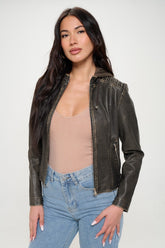 Vegan Leather Zip-Up Hooded Jacket by Coalition LA - Stylish & Eco-Friendly