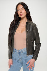 Vegan Leather Zip-Up Hooded Jacket by Coalition LA - Stylish & Eco-Friendly