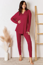 Trendy Ribbed Two-Piece Notched Long Sleeve Top and Pants Set