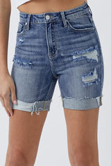 RISEN Full Size Distressed Rolled Denim Shorts with Pockets - Trendy Summer Style