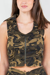 American Bazi Women's Zip-Up Camo Crop Denim Vest - Trendy Urban Fashion