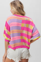 BiBi Vibrant Multi-Color Striped Knit Top - Versatile Round Neck Fashion