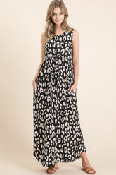 BOMBOM Women's Leopard Print Maxi Dress with Pockets & Shirred Waist - Chic & Comfortable