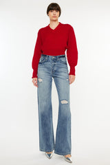 Kancan Women's Distressed High Waist Bootcut Jeans - Retro Chic Fashion for a Flattering Silhouette