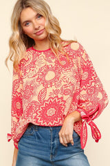 Elegant Floral Blouse with Ribbon Bow Detail and Round Neck | Haptics