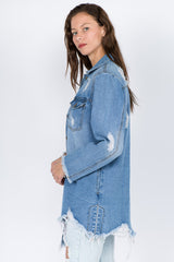Trendy American Bazi Distressed Frayed Hem Denim Jacket - Edgy Vintage Style